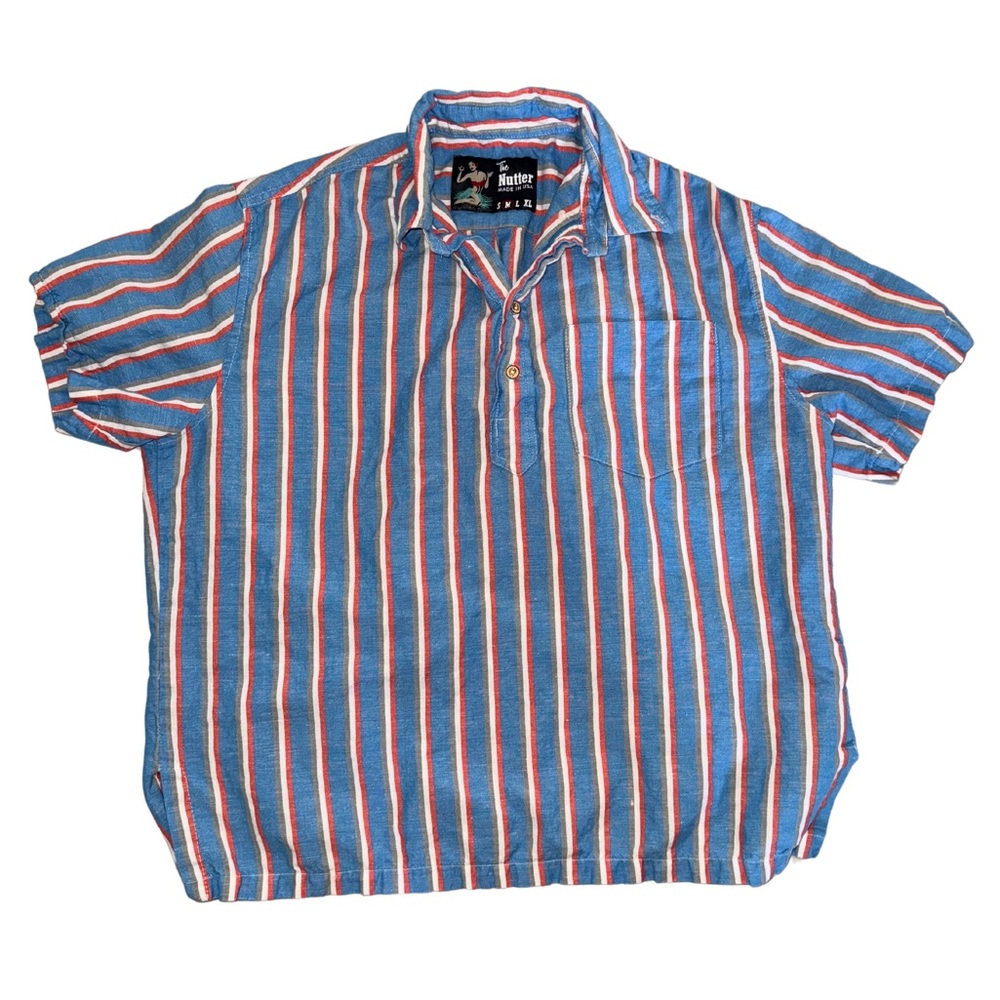 The Nutter size M knit woven linen short sleeve blue gray salmon orange stripes